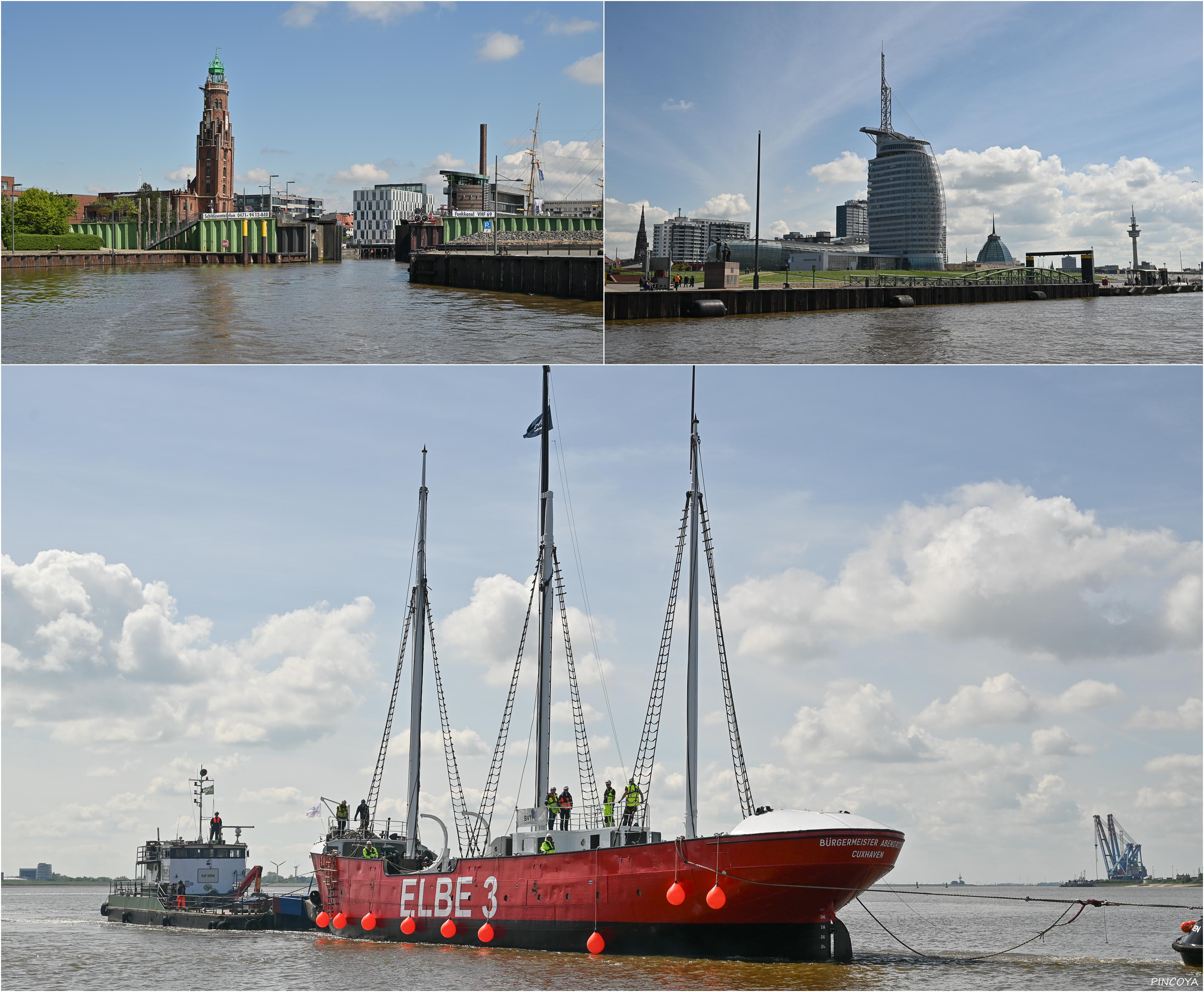 „Auf der Weser begegnet uns das renovierte Museumsschiff ELBE 3. Es ist noch nicht ganz fahrtüchtig 😂“