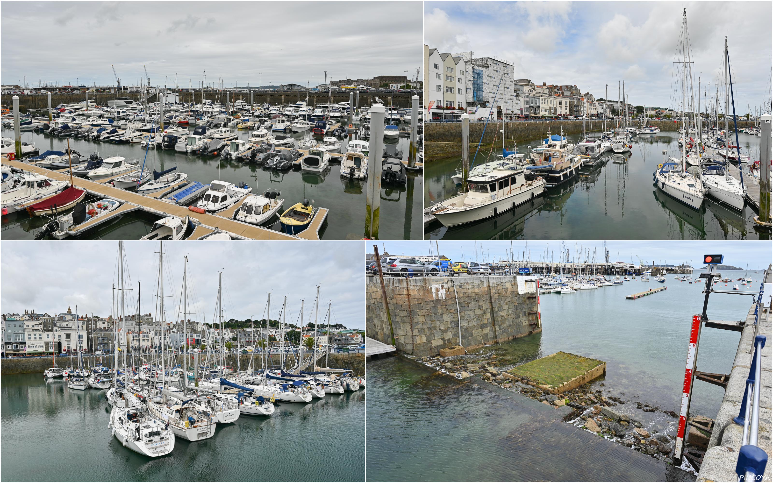 „Die Marinas von Saint Peter Port. Wir sind glücklicherweise autark und müssen uns das nicht antun. Unten rechts das Sill, das verhindert, dass die gesamte Marina trocken fällt.“