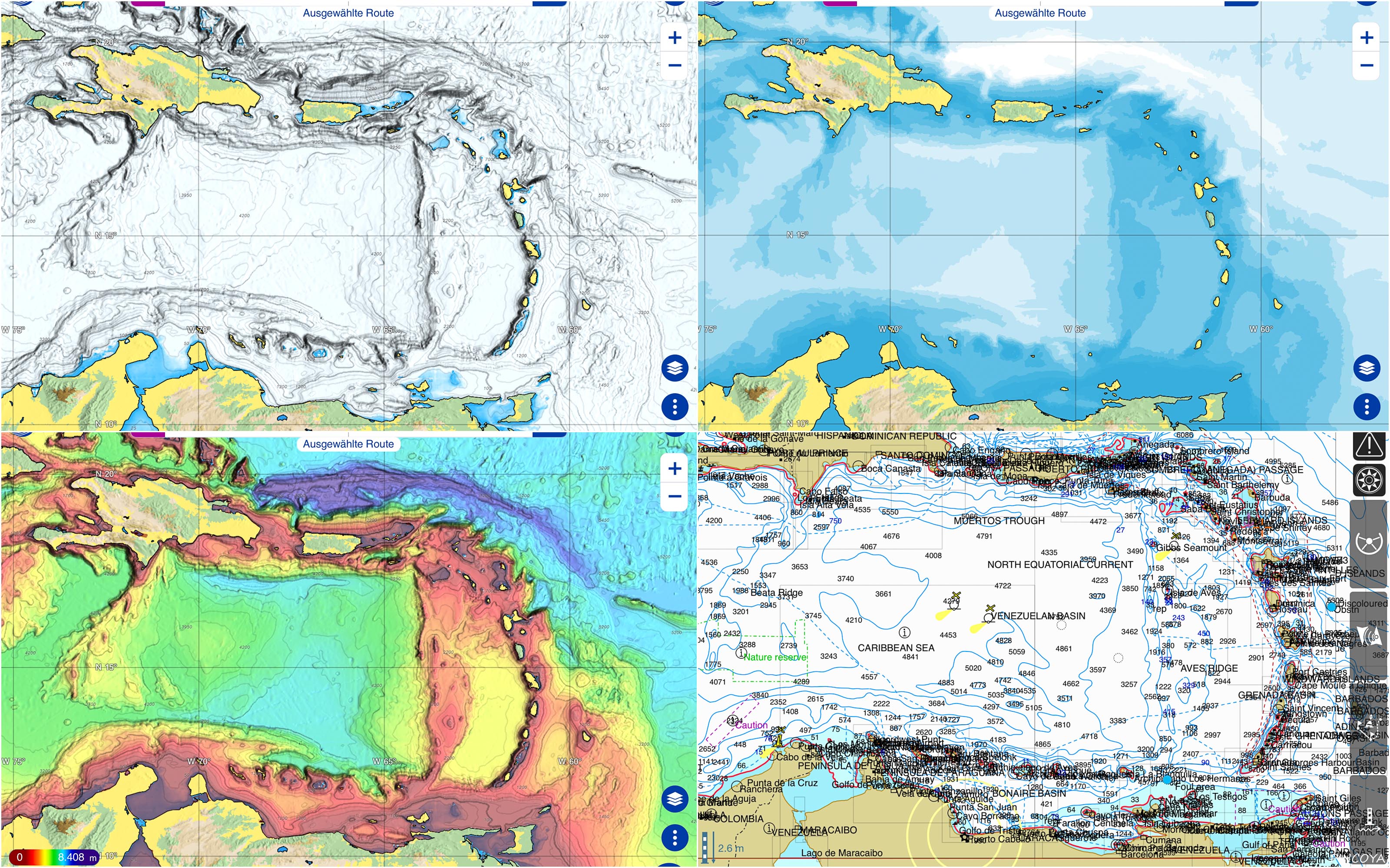 „Darstellung gesamte Karibik, unten rechts iSailor, oben TZ iBoat normal und mit Bathymetric, unten links mit farbigen Bathymetric“