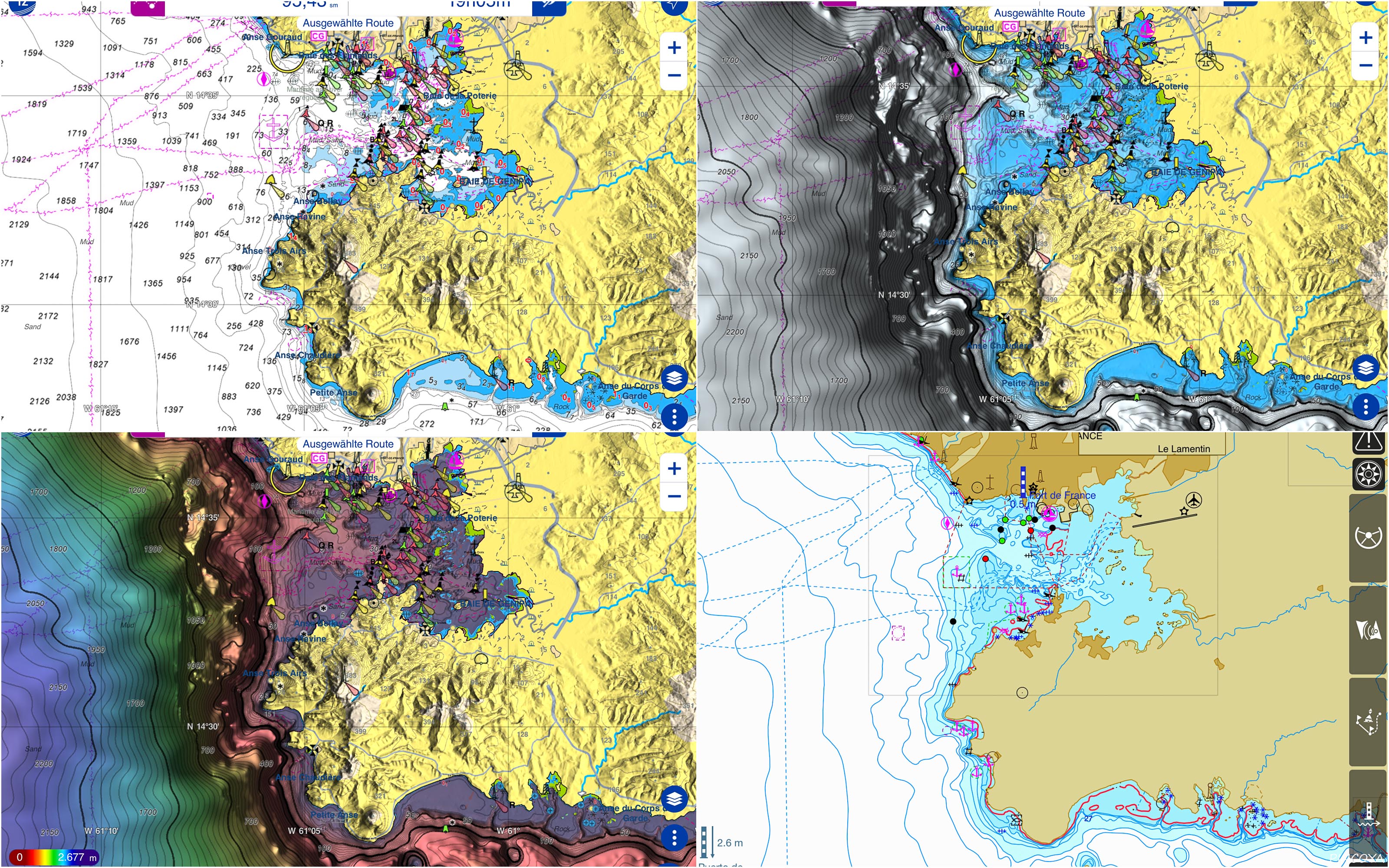 „Fort-de-France, Martinique, unten rechts wieder iSailor, oben TZ iBoat normal und mit Bathymetric, unten links mit farbigen Bathymetric“