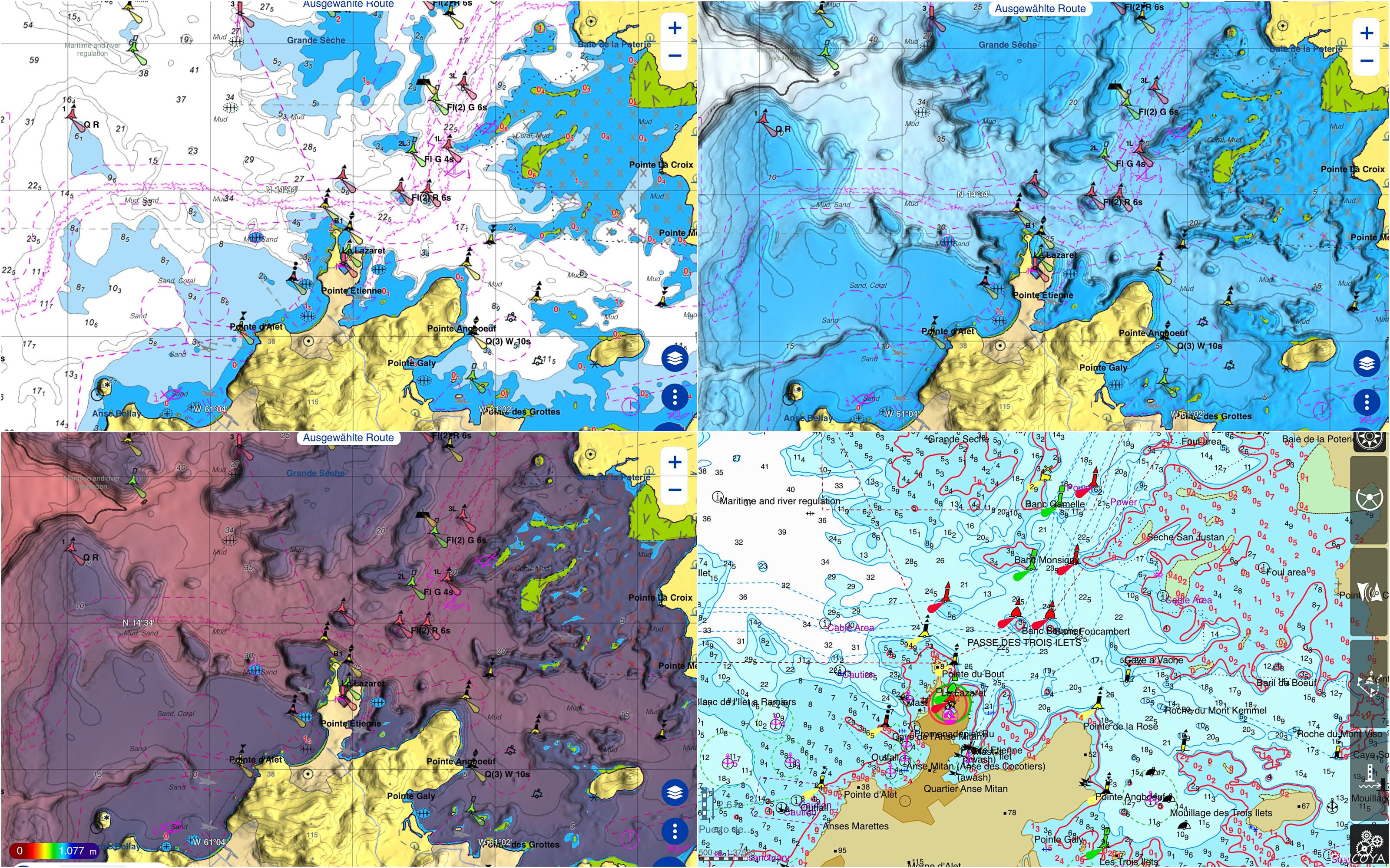 „südliche Bucht Fort-de-France, Martinique, unten rechts wieder iSailor, oben TZ iBoat normal und mit Bathymetric, unten links mit farbigen Bathymetric “