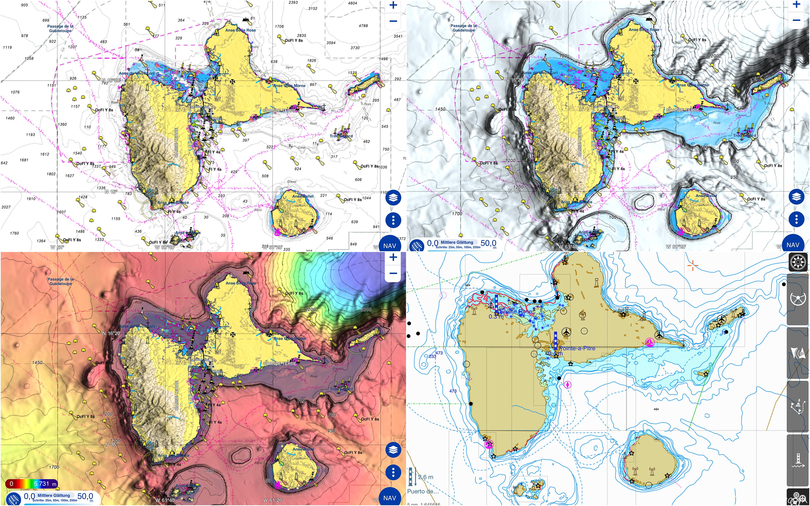 „Guadeloupe, unten rechts wieder iSailor, oben TZ iBoat normal und mit Bathymetric, unten links mit farbigen Bathymetric“