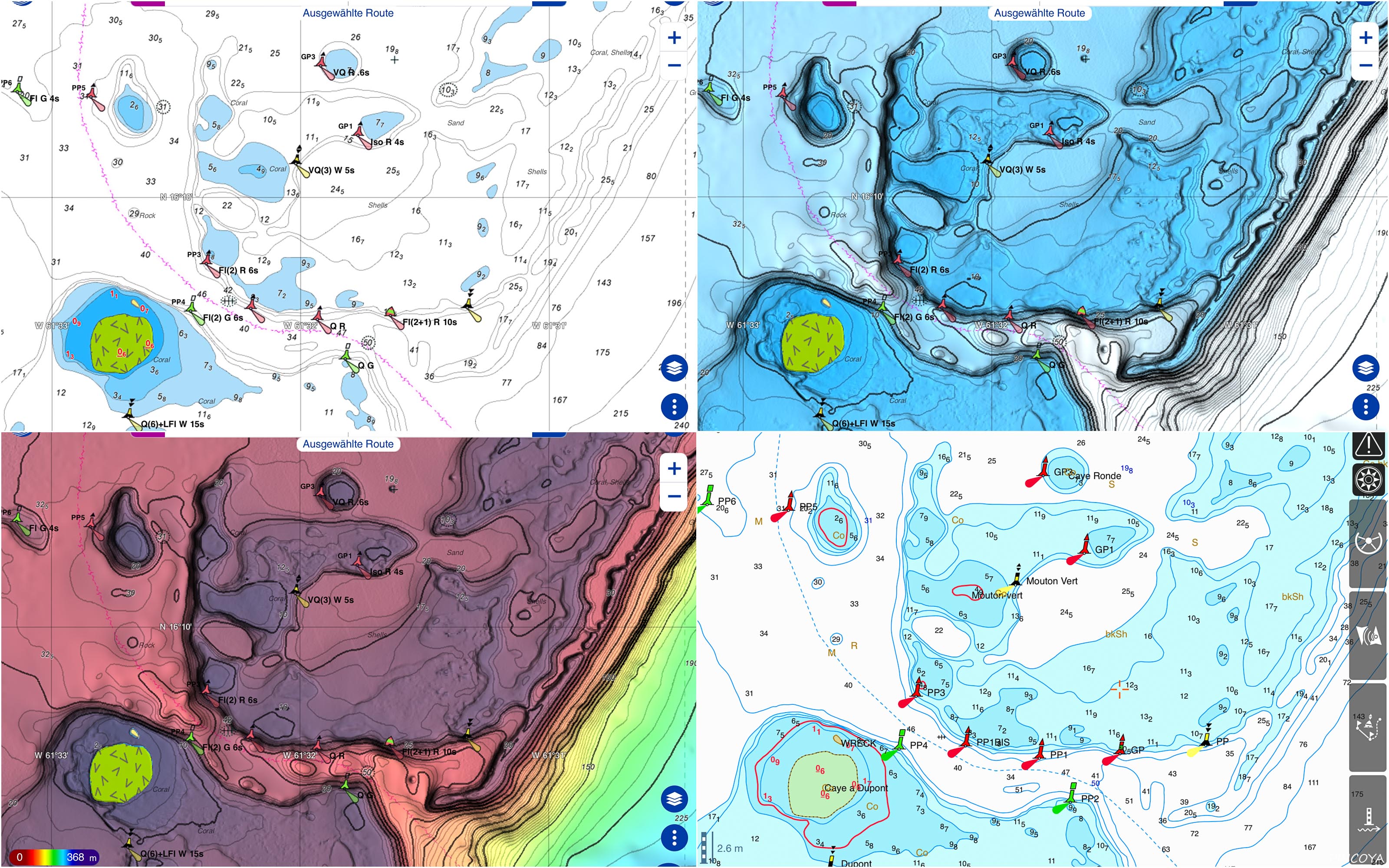 „Einfahrt Pointe-à-Pitre, Guadeloupe, unten rechts wieder iSailor, oben TZ iBoat normal und mit Bathymetric, unten links mit farbigen Bathymetric“